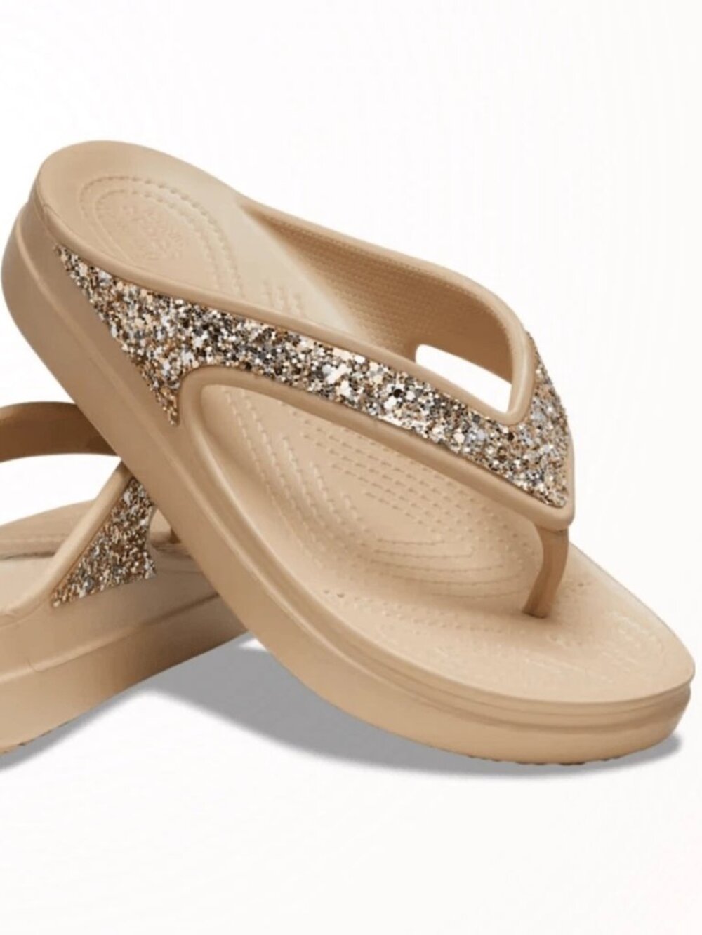 CROCS SLOANE GOLD GLITTER WEDGE FLIP FLOP SANDAL WOMEN'S SZ 7 TAN BEIGE NWT